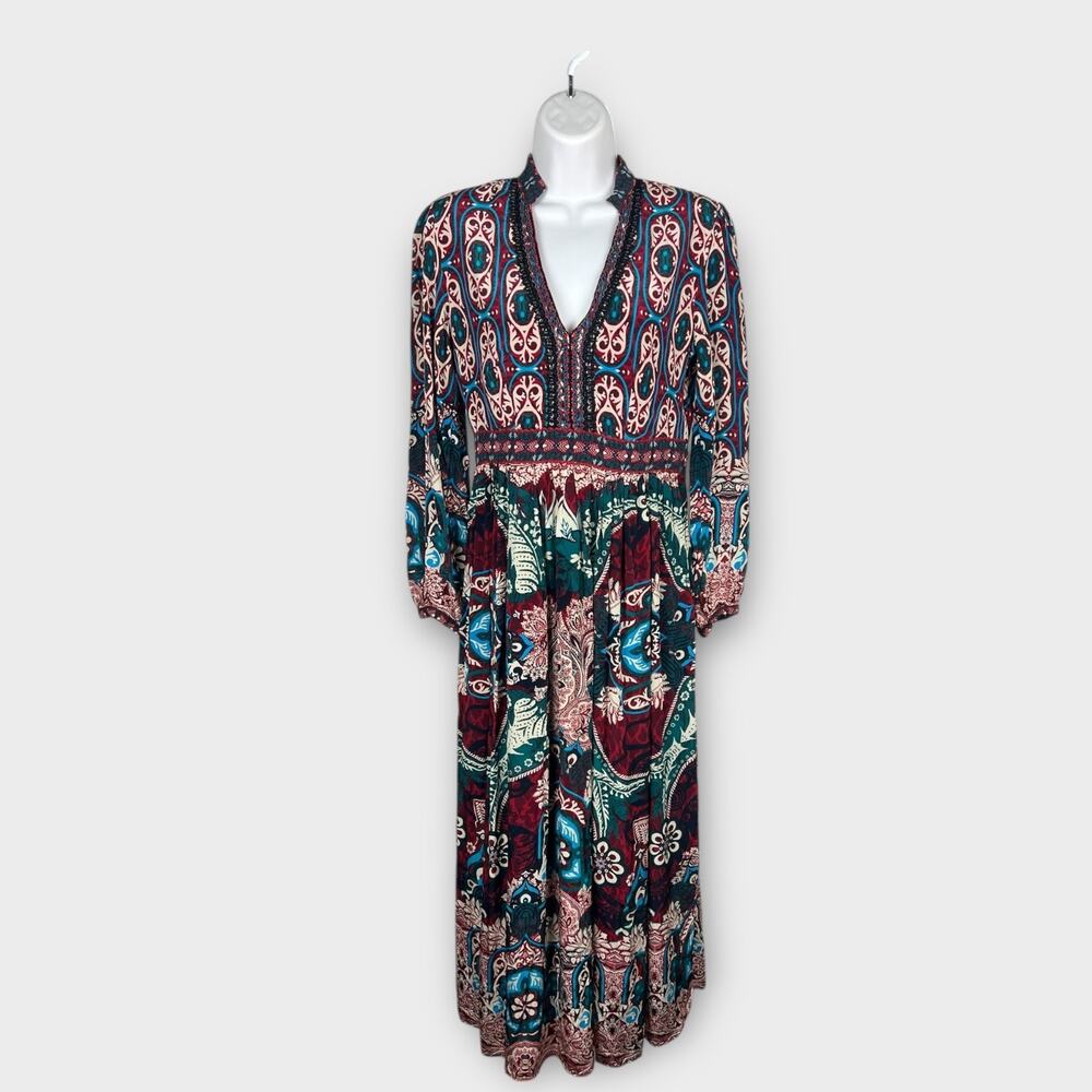 Anthropologie Bhanuni by Jyoti Patterned Maxi Dress‎ Beaded Red Green Boho sz 2